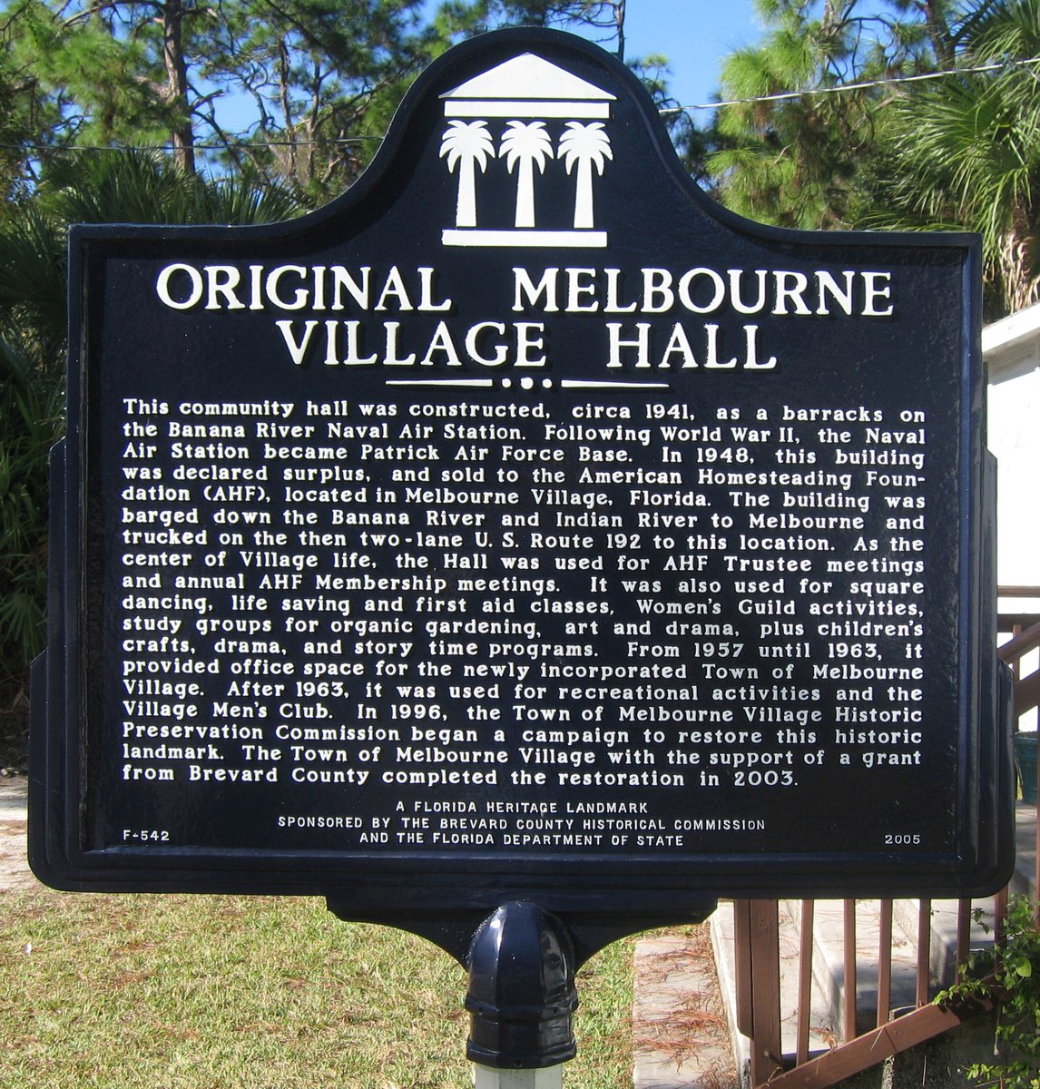 Melbourne Village, FL - File:Original Melbourne Village Hall Historical Marker.jpg - Wikimedia  Commons